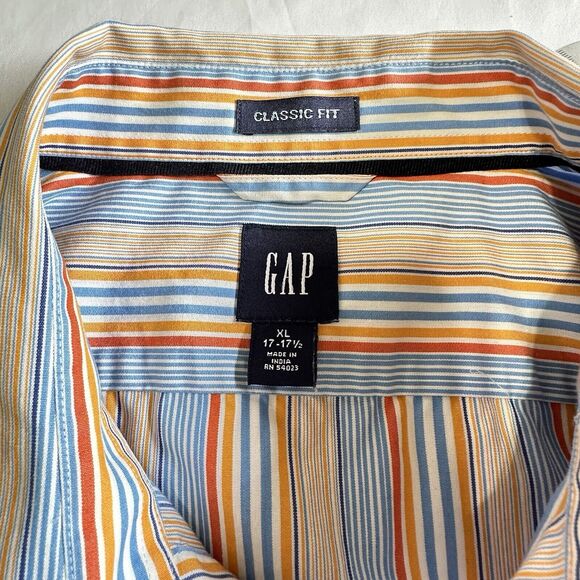 GAP Classic Fit  Button Up Shirt Mens XL 17-17.5 Blue Orange Striped Long Sleeve - Picture 8 of 10